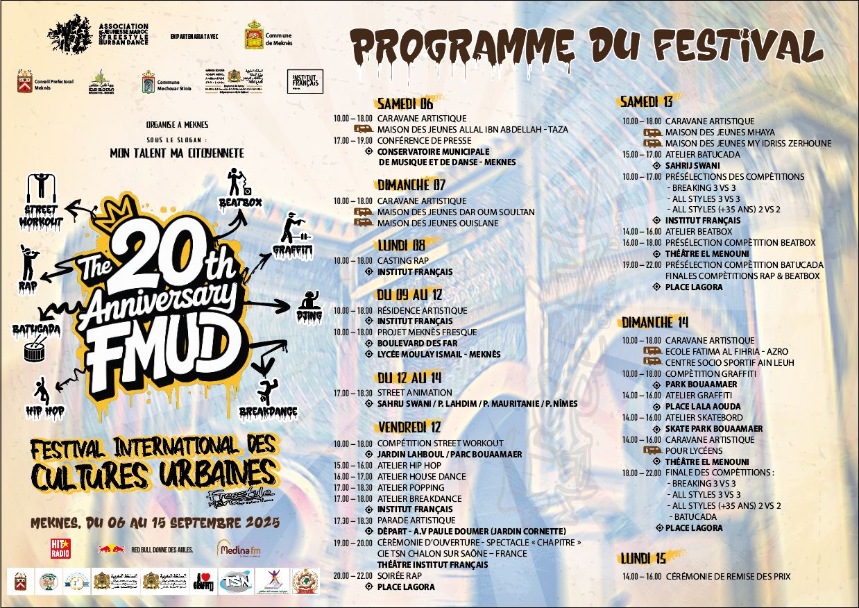 الدورة العشرون للمهرجان الدولي للفنون الحضرية: عقدان من الإبداع والاحتفاء في مكناس (بلاغ صحفي) الدورة العشرون للمهرجان الدولي للفنون الحضرية: عقدان من الإبداع والاحتفاء في مكناس (بلاغ صحفي)