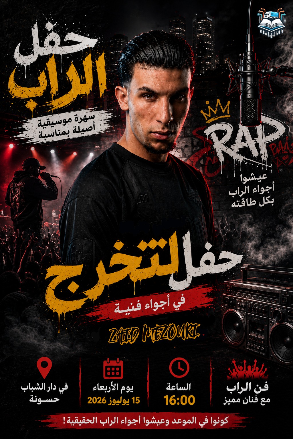 زيد المزوري يحيي حفلاً فنياً لعشاق الراب بدار الشباب حسنونة زيد المزوري يحيي حفلاً فنياً لعشاق الراب بدار الشباب حسنونة
